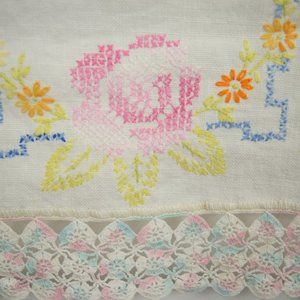 Cross Stitch Shelf Dresser Centerpiece Scarf Rectangle Floral Hand Embroidery